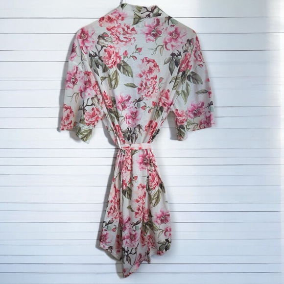 Show Me Your MuMu Floral Brie Robe White Pink Tie Front One Size Bridal Wedding - Picture 3 of 8